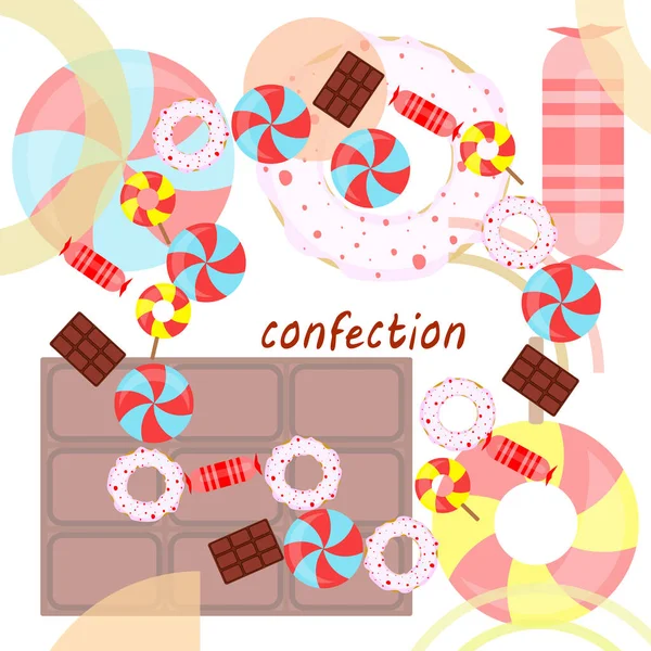 Diferentes dulces fondo colorido. Piruletas, barra de chocolate, caramelos, donut, vector de fondo . — Archivo Imágenes Vectoriales