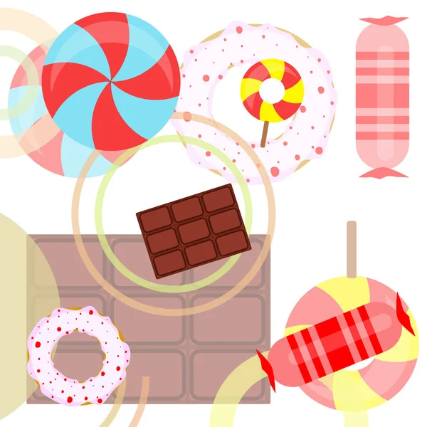 Different sweets colorful background. Lollipops, chocolate bar, candies, donut, vector background. — Stock Vector