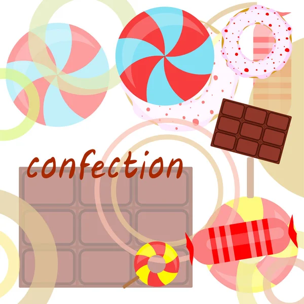 Doces diferentes fundo colorido. Lollipops, barra de chocolate, doces, rosquinha, fundo vetorial . —  Vetores de Stock