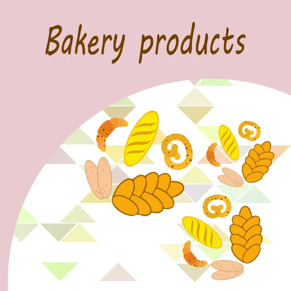 Panadería banner productos, ilustración de vectores. Pan de trigo, pretzel, ciabatta, croissant, baguette francés — Vector de stock