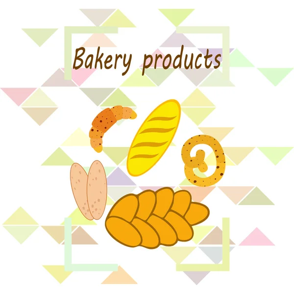 Panadería banner productos, ilustración de vectores. Pan de trigo, pretzel, ciabatta, croissant, baguette francés — Vector de stock