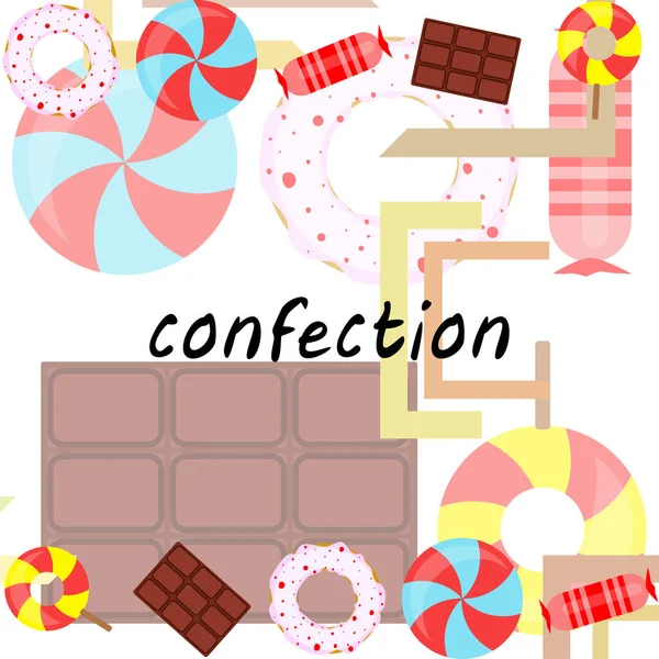 不同的糖果色彩斑斓. 棒棒糖，巧克力棒，糖果，甜甜圈，病媒背景 — 图库矢量图片