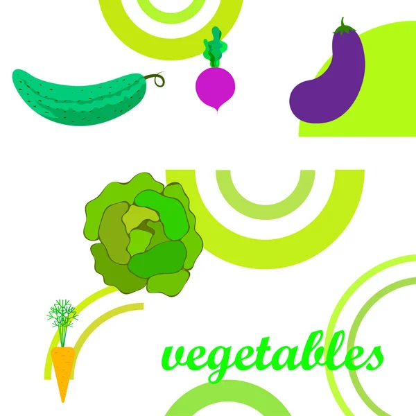 Kool, biet, wortel, aubergine, komkommer, verse groenten. Biologisch voedsel poster. Landbouwmarktordening. Vectorachtergrond. — Stockvector