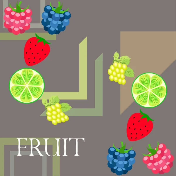 Frutas y bayas. Iconos coloridos de frutas de dibujos animados: mora, frambuesa, uva, fresa, lima. Fondo vectorial . — Vector de stock