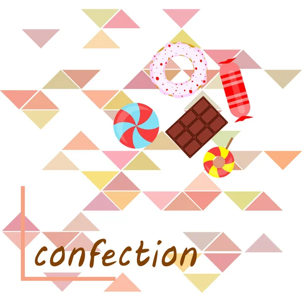 Verschillende snoepjes kleurrijke achtergrond. Lollipops, chocoladereep, snoepjes, donut, vectorachtergrond. — Stockvector