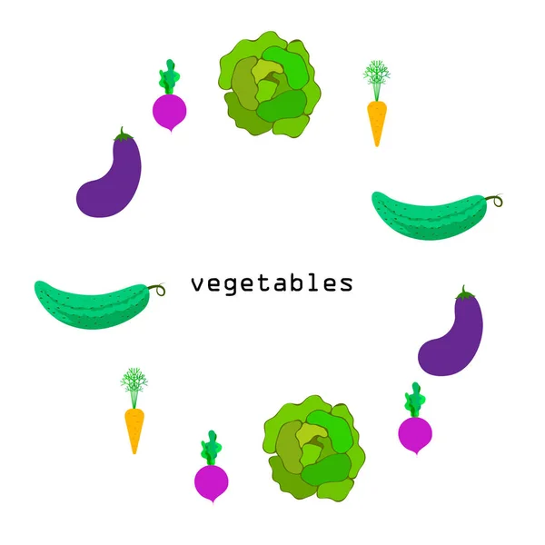 Col, remolacha, zanahoria, berenjena, pepino, verduras frescas. Cartel de alimentos orgánicos. Diseño del mercado de agricultores. Fondo vectorial . — Vector de stock