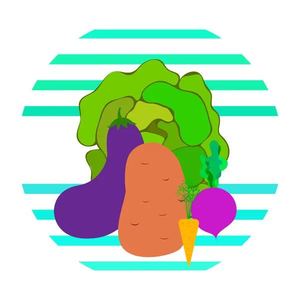 Col, remolacha, zanahorias, berenjenas, patatas, verduras frescas. Cartel de alimentos orgánicos. Diseño del mercado de agricultores. Fondo vectorial . — Vector de stock