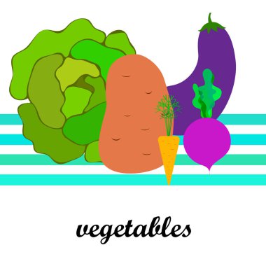 Lahana, pancar, havuç, patlıcan, patates, taze sebze. Organik gıda posteri. Çiftçi pazarı tasarımı. Vektör arkaplanı.