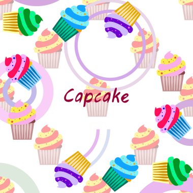 Capcake kremalı, çilekli tatlı. Kafelerin ve restoranların menüleri için renkli unsurlar. İyi tatiller.