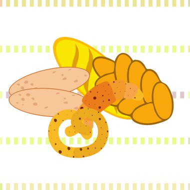 Fırın ürünleri afişi, vektör illüstrasyonu. Buğday ekmeği, kraker, ciabatta, kruvasan, Fransız ekmeği.