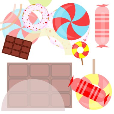 Farklı tatlılar, renkli arka planlar. Lolipop, çikolata, şeker, çörek, vektör arkaplan.