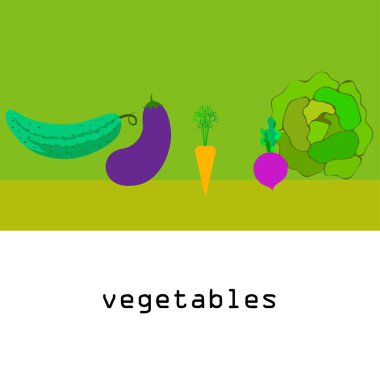 Lahana, pancar, havuç, patlıcan, salatalık, taze sebze. Organik gıda posteri. Çiftçi pazarı tasarımı. Vektör arkaplanı.
