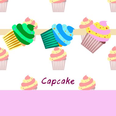 Capcake kremalı, çilekli tatlı. Kafelerin ve restoranların menüleri için renkli unsurlar. İyi tatiller..