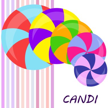 Renkli lolipoplar pastel arka planda düz stil tasarımda. Vektör arkaplan şirin şeker.