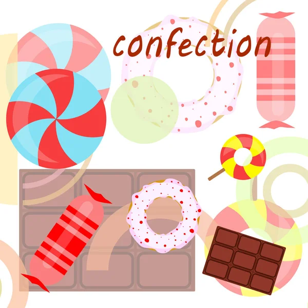 Different sweets colorful background. Lollipops, chocolate bar, candies, donut, vector background. — Stock Vector