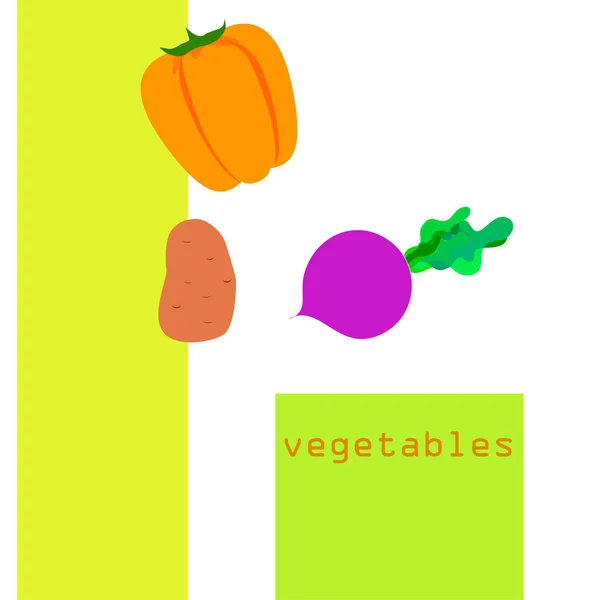 Verse groenten. Pepers, bieten, aardappelen. Biologisch voedsel poster. Landbouwmarktordening. Vector. — Stockvector