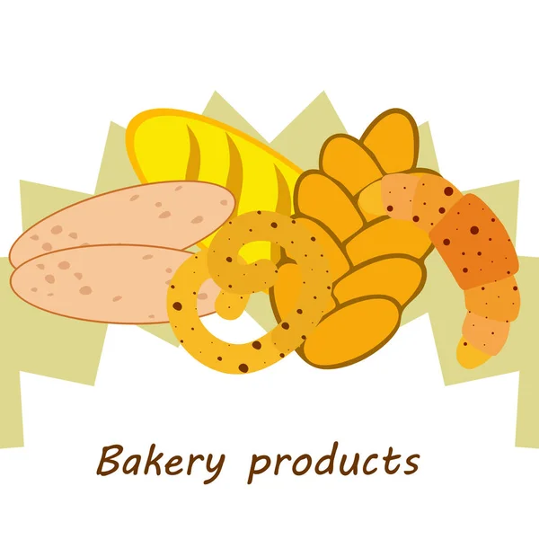 Banner de produtos de padaria, ilustração vetorial. Pão de trigo, pretzel, ciabatta, croissant, baguete francês —  Vetores de Stock