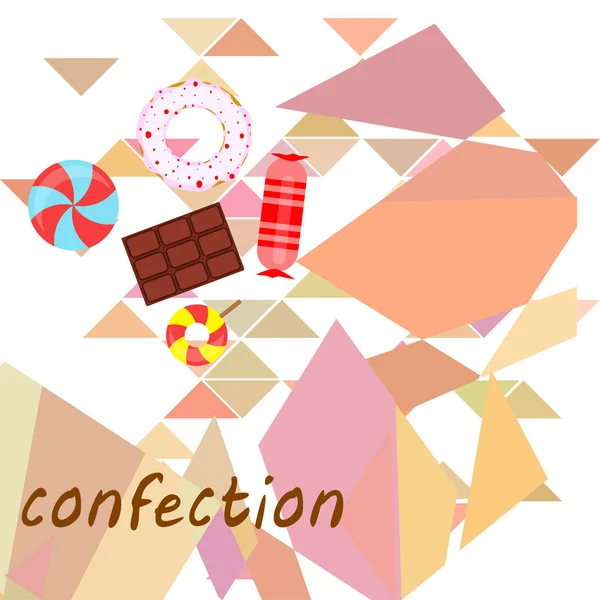 Doces diferentes fundo colorido. Lollipops, barra de chocolate, doces, rosquinha, fundo vetorial . —  Vetores de Stock