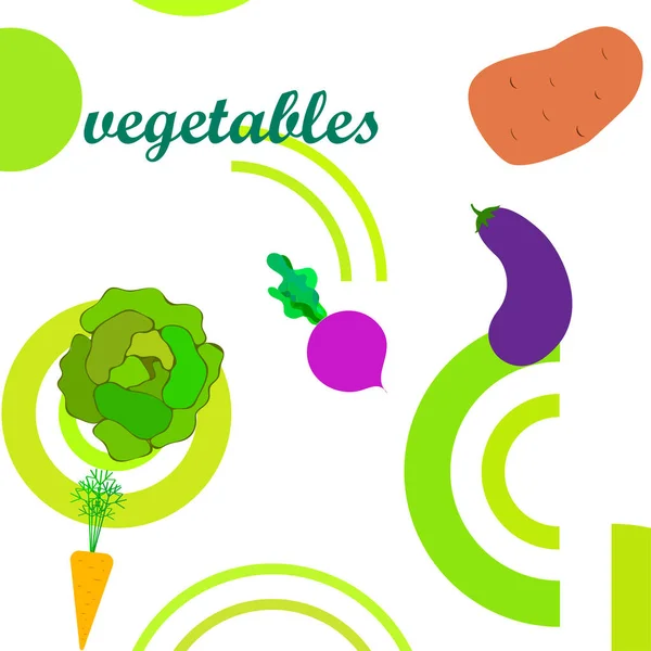 Col, remolacha, zanahorias, berenjenas, patatas, verduras frescas. Cartel de alimentos orgánicos. Diseño del mercado de agricultores. Fondo vectorial . — Vector de stock