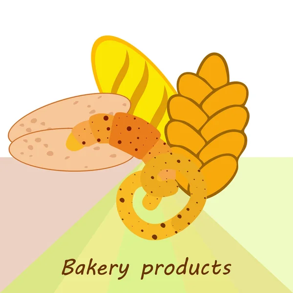 Banner de produtos de padaria, ilustração vetorial. Pão de trigo, pretzel, ciabatta, croissant, baguete francês — Vetor de Stock