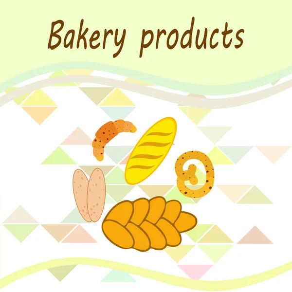 Panadería banner productos, ilustración de vectores. Pan de trigo, pretzel, ciabatta, croissant, baguette francés — Archivo Imágenes Vectoriales