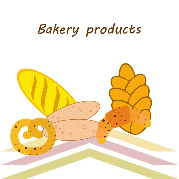 Banner de produtos de padaria, ilustração vetorial. Pão de trigo, pretzel, ciabatta, croissant, baguete francês — Vetor de Stock