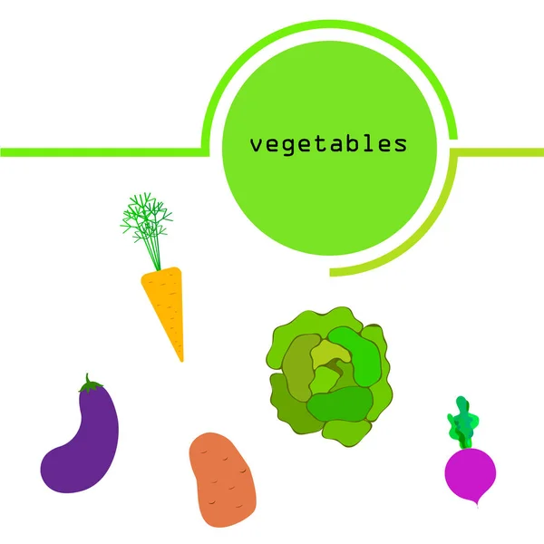 Kool, bieten, wortelen, aubergines, aardappelen, verse groenten. Biologisch voedsel poster. Landbouwmarktordening. Vectorachtergrond. — Stockvector