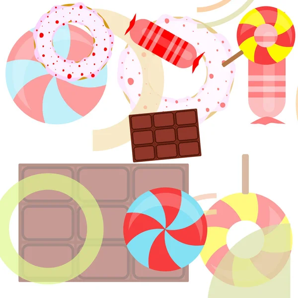 Diferentes dulces fondo colorido. Piruletas, barra de chocolate, caramelos, donut, vector de fondo . — Vector de stock