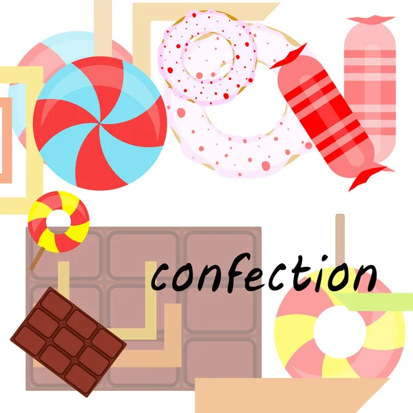 Различные сладости красочный фон. Леденцы, шоколад, конфеты, пончики, векторный фон — стоковый вектор
