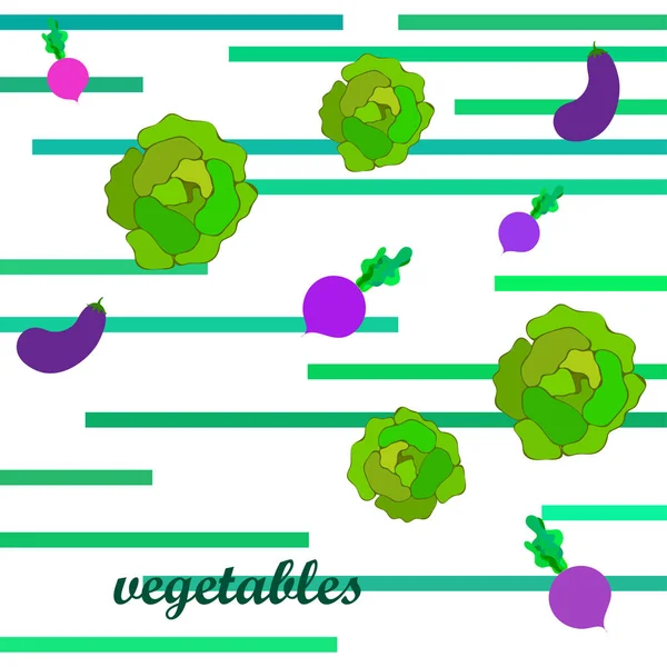 Kool, aubergine, bieten, verse groenten. Biologisch voedsel poster. Landbouwmarktordening. Vectorachtergrond. — Stockvector