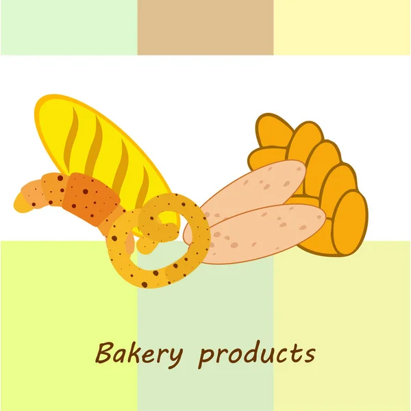 Banner de produtos de padaria, ilustração vetorial. Pão de trigo, pretzel, ciabatta, croissant, baguete francês — Vetor de Stock