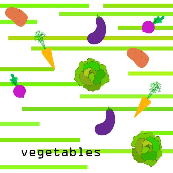 Kohl, Rüben, Karotten, Auberginen, Kartoffeln, frisches Gemüse. Plakat mit Bio-Lebensmitteln. Bauernmarktgestaltung. Vektorhintergrund. — Stockvektor
