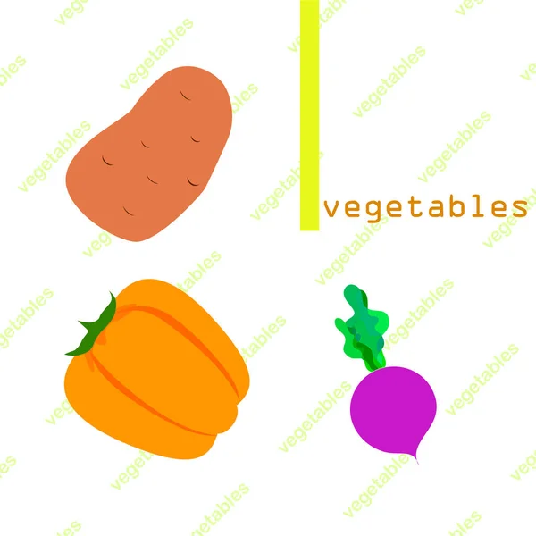Verduras frescas. Pimientos, remolachas, patatas. Cartel de alimentos orgánicos. Diseño del mercado de agricultores. Vector . — Vector de stock