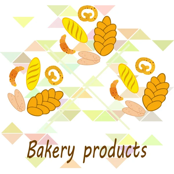 Banner de produtos de padaria, ilustração vetorial. Pão de trigo, pretzel, ciabatta, croissant, baguete francês — Vetor de Stock