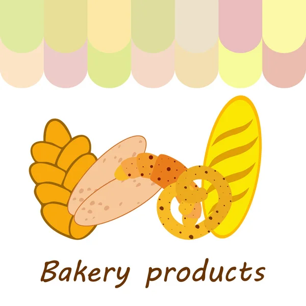 Bakery products banner, vector illustration. Wheat bread, pretzel, ciabatta, croissant, french baguette — Stock Vector