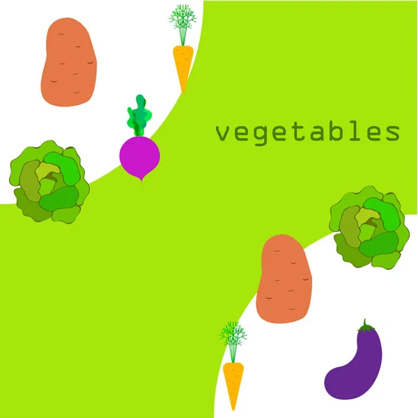 Kool, bieten, wortelen, aubergines, aardappelen, verse groenten. Biologisch voedsel poster. Landbouwmarktordening. Vectorachtergrond. — Stockvector