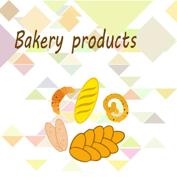 Panadería banner productos, ilustración de vectores. Pan de trigo, pretzel, ciabatta, croissant, baguette francés — Archivo Imágenes Vectoriales