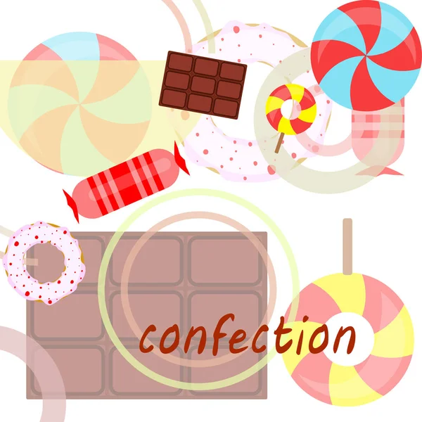 Different sweets colorful background. Lollipops, chocolate bar, candies, donut, vector background. — Stock Vector