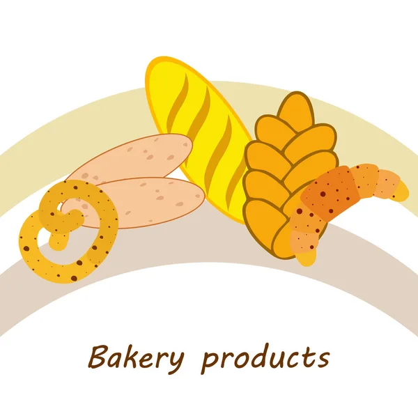 Banner für Backwaren, Vektorillustration. Weizenbrot, Brezel, Ciabatta, Croissant, französisches Baguette — Stockvektor