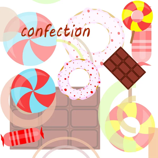 Doces diferentes fundo colorido. Lollipops, barra de chocolate, doces, rosquinha, fundo vetorial . — Vetor de Stock