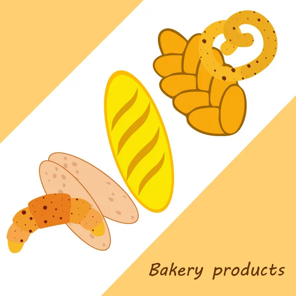 Sütőipari termékek banner, vektor illusztráció. Búza kenyér, perec, ciabatta, croissant, francia bagett — Stock Vector