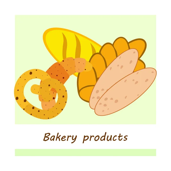 Banner de produtos de padaria, ilustração vetorial. Pão de trigo, pretzel, ciabatta, croissant, baguete francês — Vetor de Stock