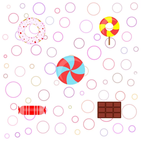 Verschiedene Süßigkeiten bunten Hintergrund. Lutscher, Schokoriegel, Bonbons, Donut, Vektorhintergrund — Stockvektor