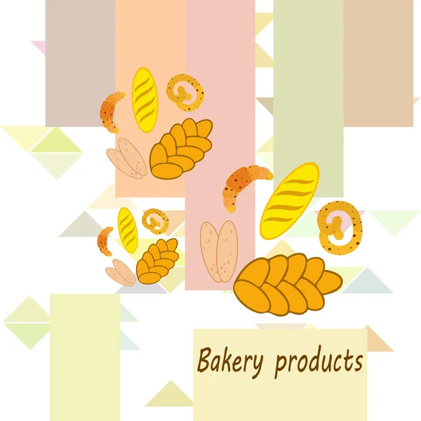 Panadería banner productos, ilustración de vectores. Pan de trigo, pretzel, ciabatta, croissant, baguette francés — Archivo Imágenes Vectoriales