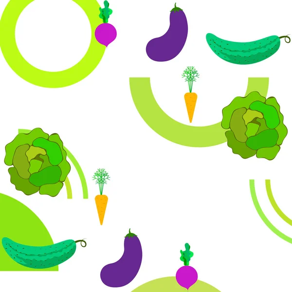 Col, remolacha, zanahoria, berenjena, pepino, verduras frescas. Cartel de alimentos orgánicos. Diseño del mercado de agricultores. Fondo vectorial . — Vector de stock