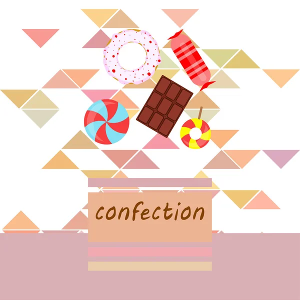 Verschillende snoepjes kleurrijke achtergrond. Lollipops, chocoladereep, snoepjes, donut, vectorachtergrond. — Stockvector