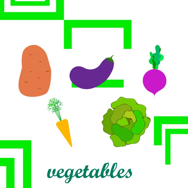 Kål, rødbeder, gulerødder, auberginer, kartofler, friske grøntsager. Økologisk madplakat. Farmer markedsdesign. Vektorbaggrund . – Stock-vektor