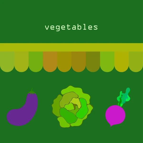 Col, berenjena, remolacha, verduras frescas. Cartel de alimentos orgánicos. Diseño del mercado de agricultores. Fondo vectorial . — Vector de stock