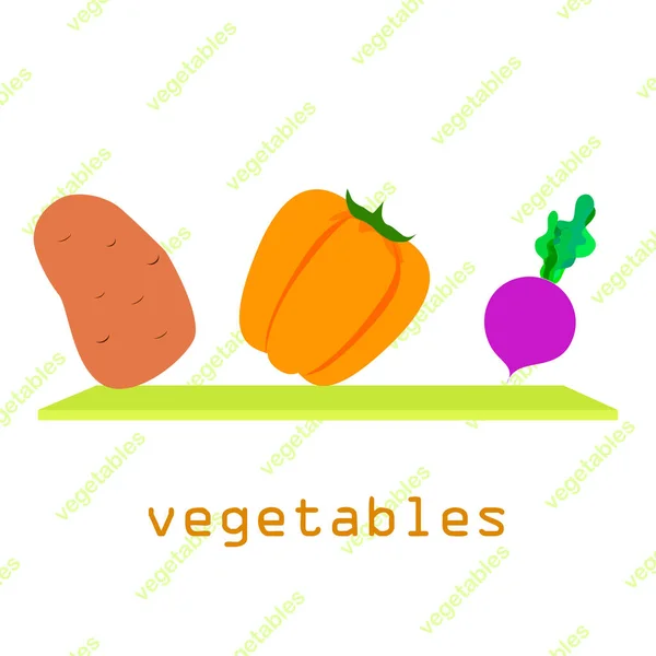 Verduras frescas. Pimientos, remolachas, patatas. Cartel de alimentos orgánicos. Diseño del mercado de agricultores. Vector . — Vector de stock