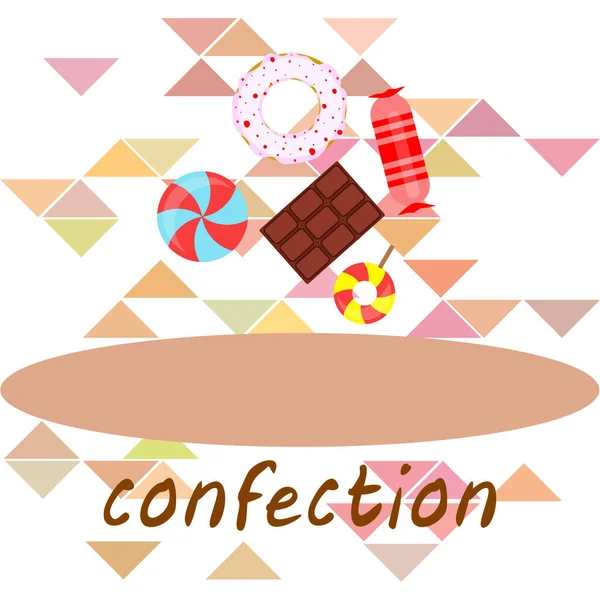 Diferentes dulces fondo colorido. Piruletas, barra de chocolate, caramelos, donut, vector de fondo . — Vector de stock